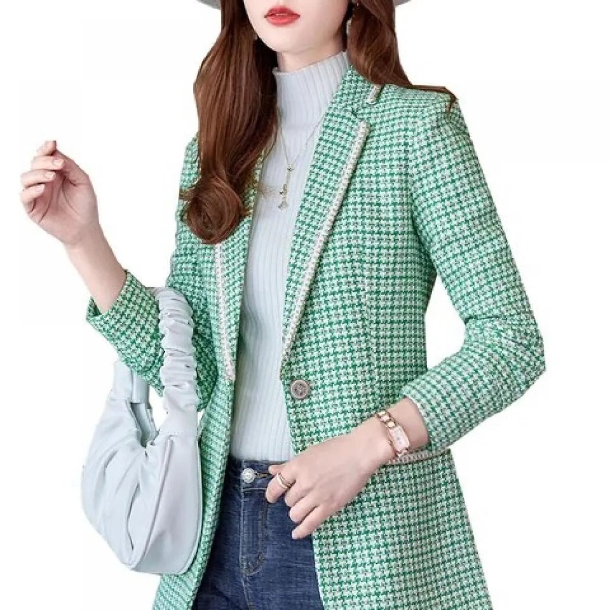 Giacca da donna formale da lavoro da lavoro Blazer Cappotto Verde albicocca Plaid nero Giacca da donna a maniche lunghe con bott