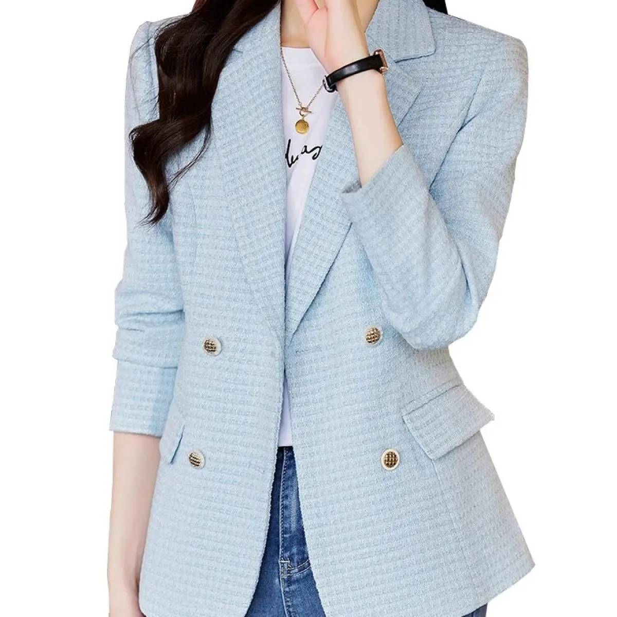 Giacca da donna scozzese blu albicocca rosa blu Giacca da donna casual autunno inverno Cappotto con decorazione bottoni a manich