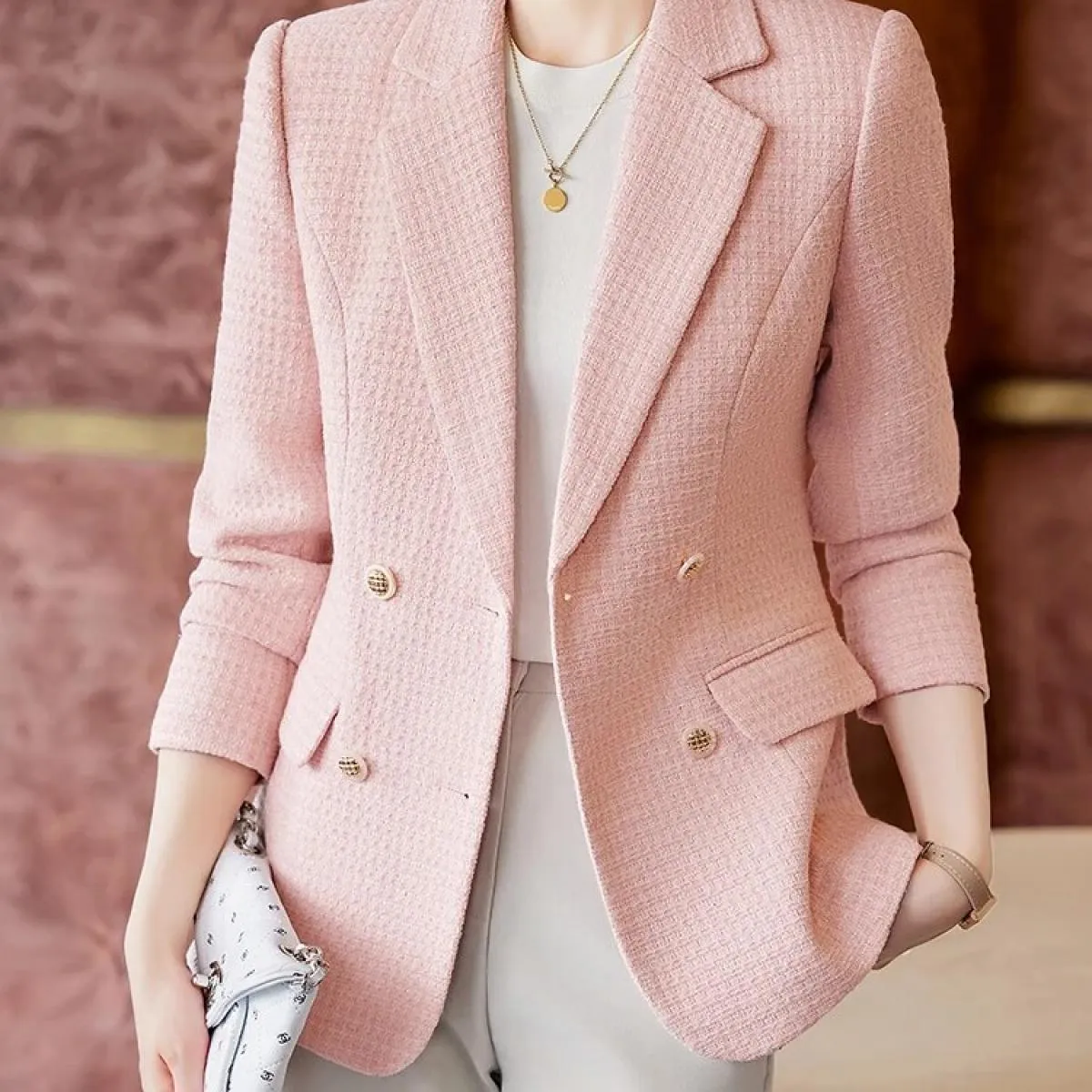 Giacca da donna scozzese blu albicocca rosa blu Giacca da donna casual autunno inverno Cappotto con decorazione bottoni a manich