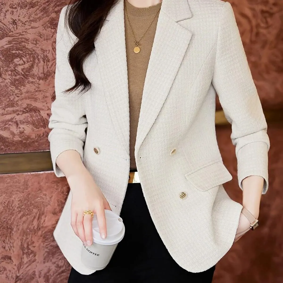 Giacca da donna scozzese blu albicocca rosa blu Giacca da donna casual autunno inverno Cappotto con decorazione bottoni a manich