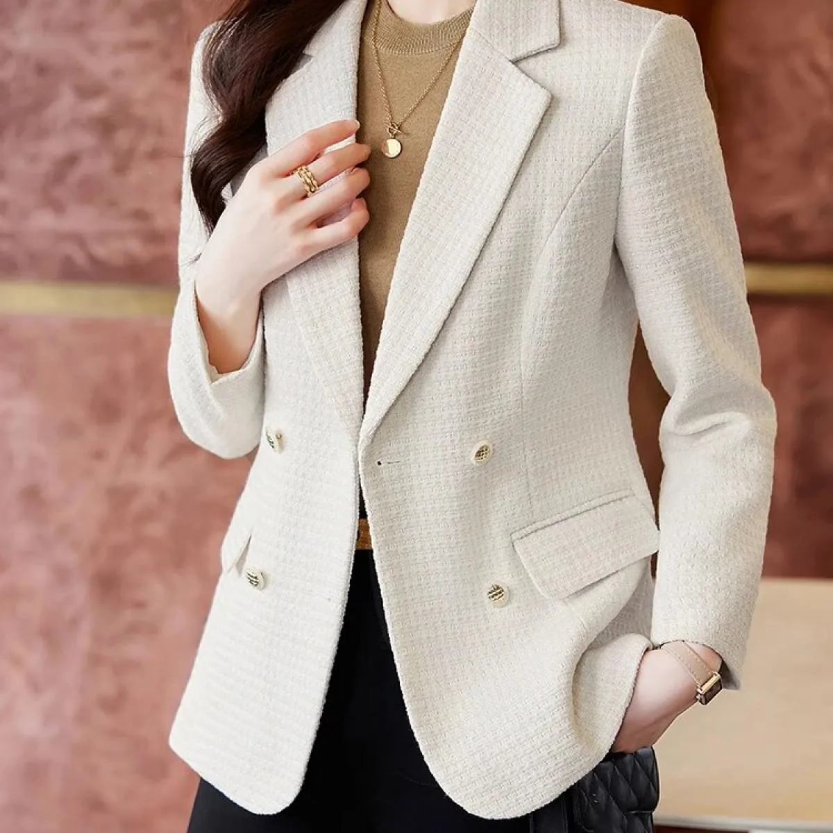 Giacca da donna scozzese blu albicocca rosa blu Giacca da donna casual autunno inverno Cappotto con decorazione bottoni a manich