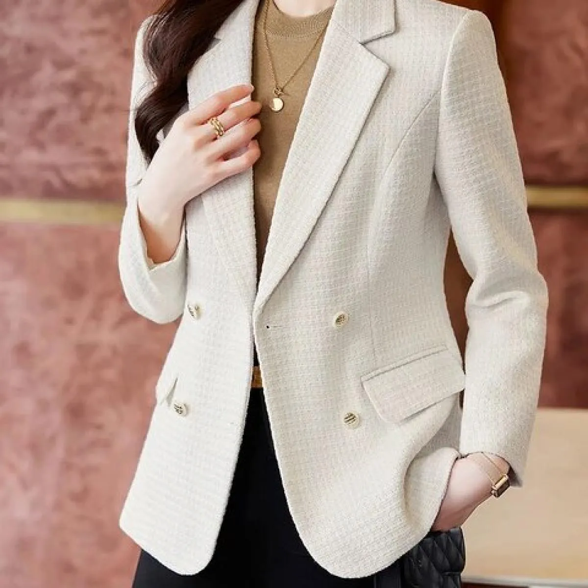 Giacca da donna scozzese blu albicocca rosa blu Giacca da donna casual autunno inverno Cappotto con decorazione bottoni a manich