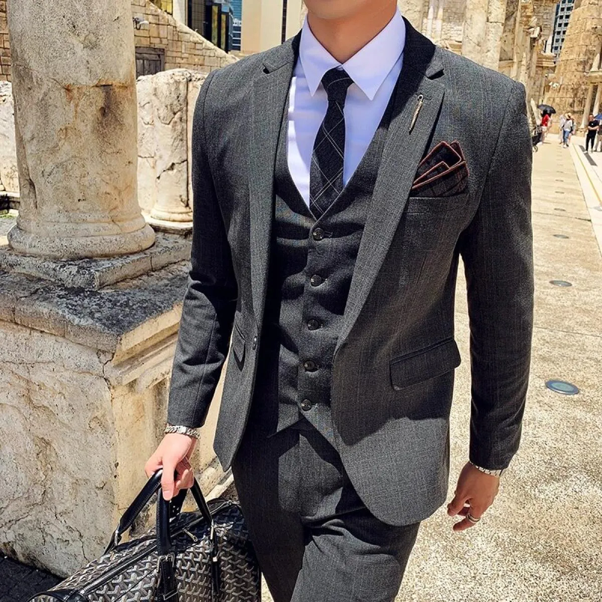 Giacca da uomo in tre pezzi autunno primavera Pantaloni gilet Set / Cappotto blazer da banchetto di lusso slim fit di alta quali