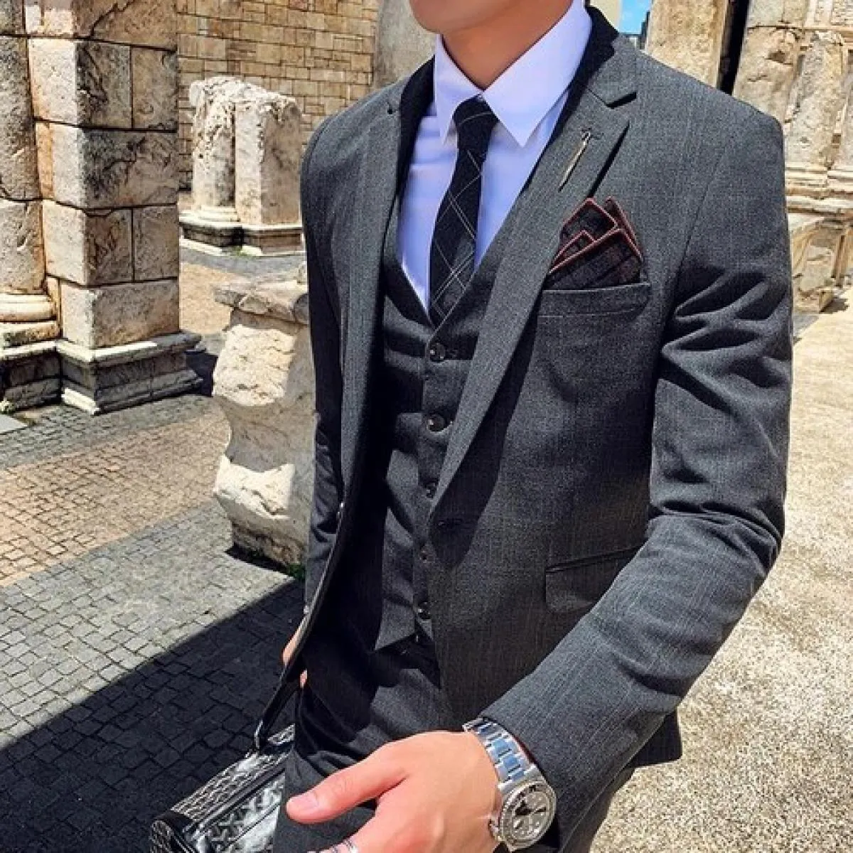 Giacca da uomo in tre pezzi autunno primavera Pantaloni gilet Set / Cappotto blazer da banchetto di lusso slim fit di alta quali
