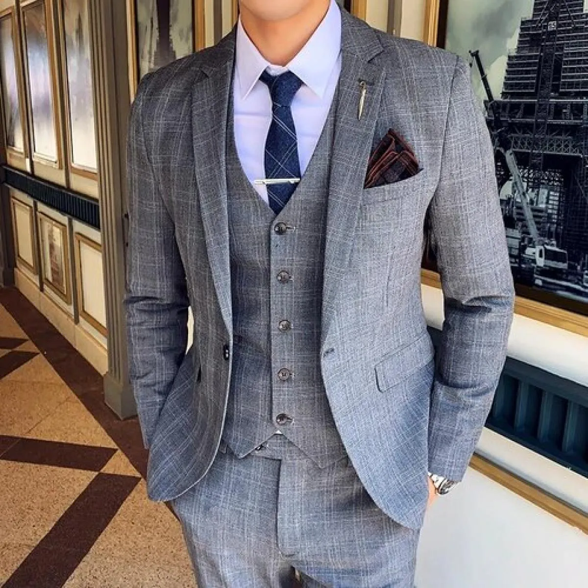 Giacca da uomo in tre pezzi autunno primavera Pantaloni gilet Set / Cappotto blazer da banchetto di lusso slim fit di alta quali
