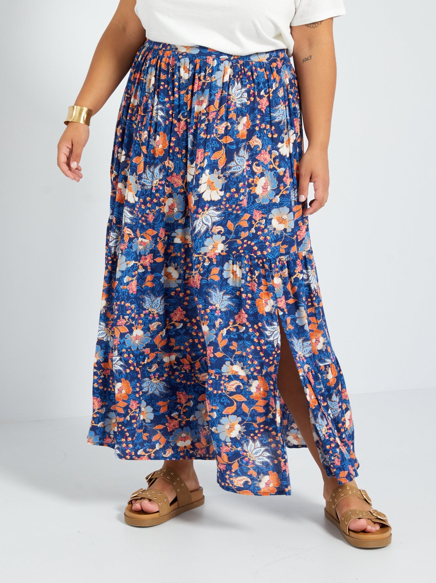 Gonna lunga con balze stampata - - BLU