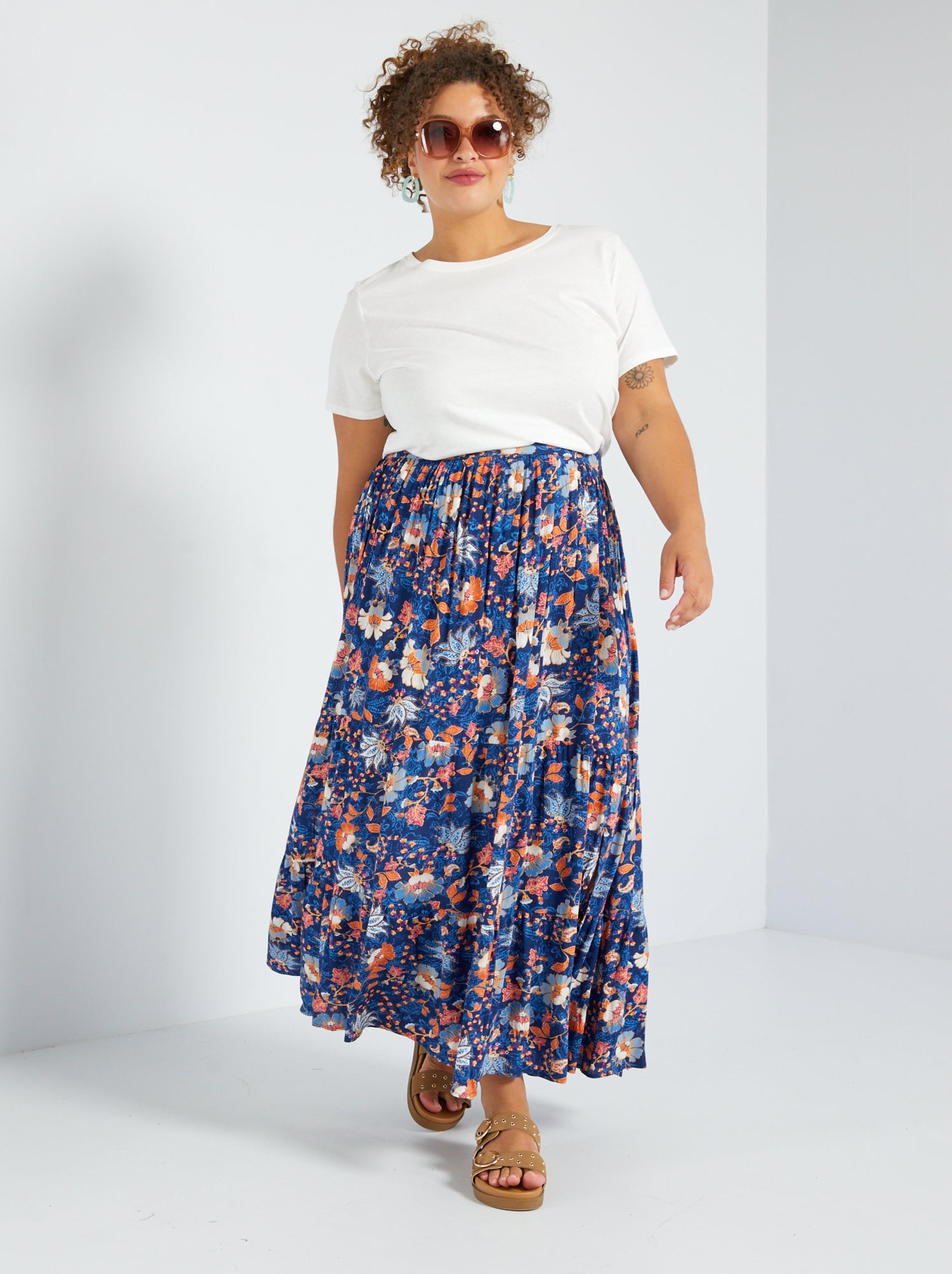 Gonna lunga con balze stampata - - BLU