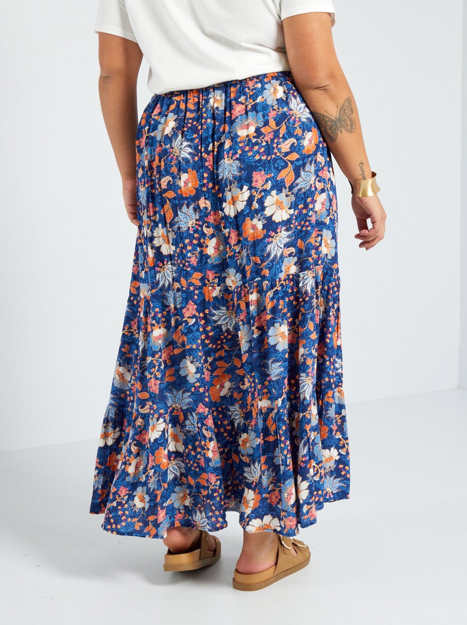 Gonna lunga con balze stampata - - BLU