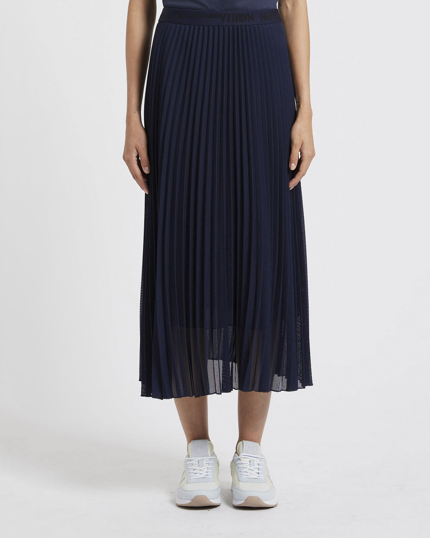 Gonna midi blu in rete di misto viscosa plissettata con fascia elastica logata Linea MONOCHROME