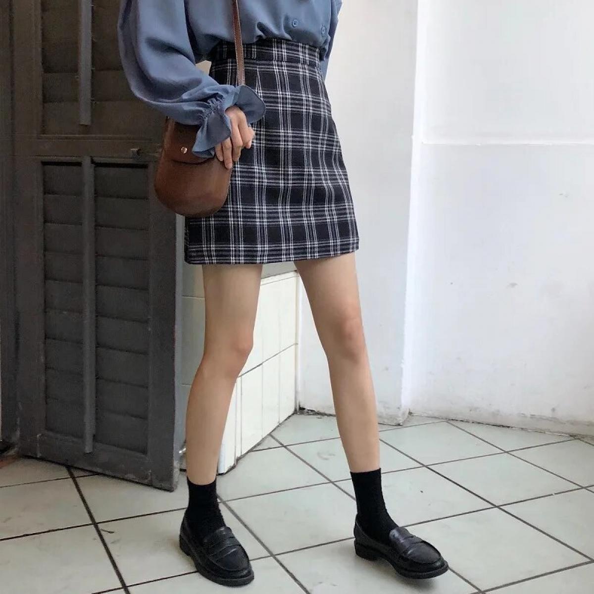 Gonna scozzese da donna Gonna scozzese sottile Ulzzang Gonna scozzese Gonna scozzese estiva C Gonne