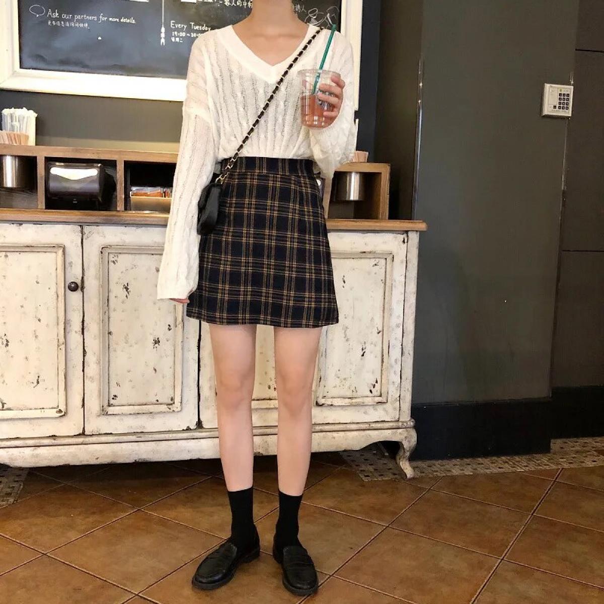 Gonna scozzese da donna Gonna scozzese sottile Ulzzang Gonna scozzese Gonna scozzese estiva C Gonne