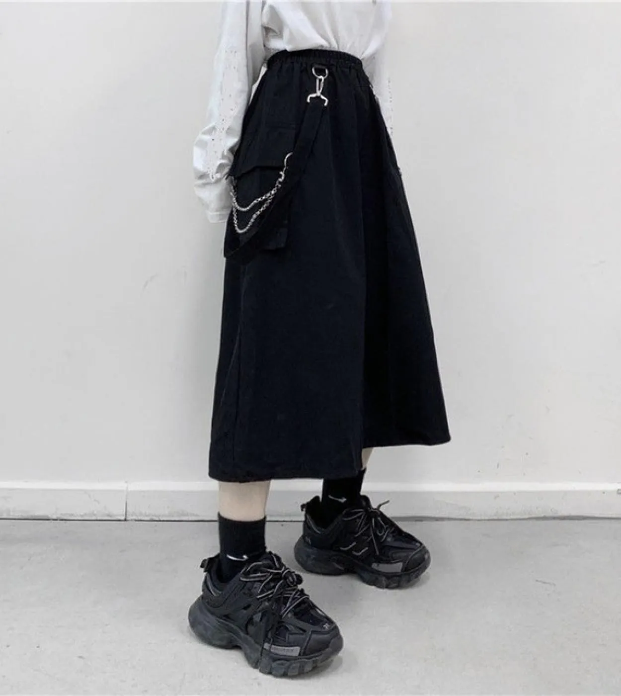 Gonne lunghe gotiche Donna Punk Chain Patchwork Gonna longuette a vita alta nera Moda estiva Harajuku Streetwear Gonne
