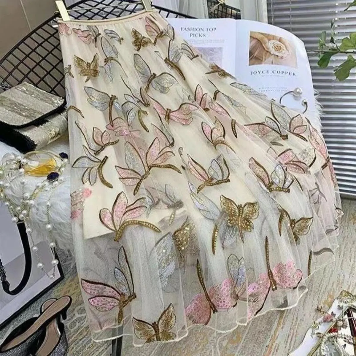 Gonne per donna  moda gonna longuette in tulle beige primavera estate nuova gonna in linea sci da donna Vintage Harajuku