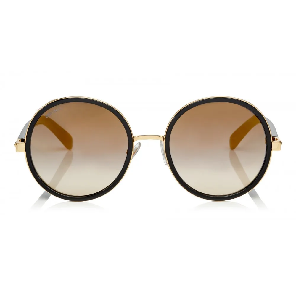 Jimmy Choo - Andie - Occhiali da Sole Rotondi in Acetato Nero con Dettagli in Pelle di Cavallino Leopardato - Jimmy Choo Eyewear