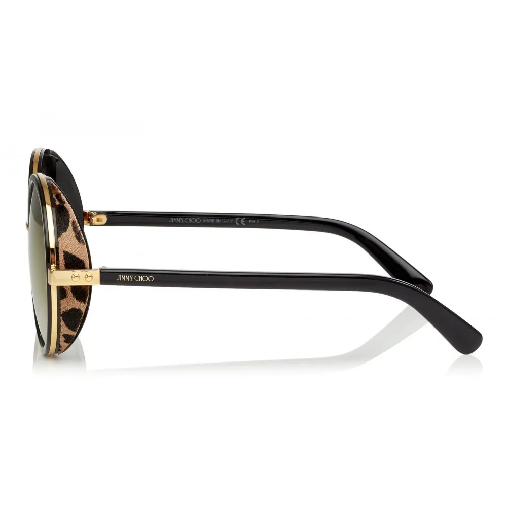 Jimmy Choo - Andie - Occhiali da Sole Rotondi in Acetato Nero con Dettagli in Pelle di Cavallino Leopardato - Jimmy Choo Eyewear