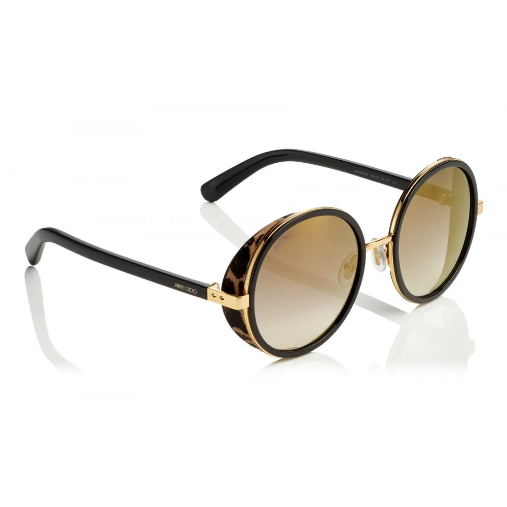 Jimmy Choo - Andie - Occhiali da Sole Rotondi in Acetato Nero con Dettagli in Pelle di Cavallino Leopardato - Jimmy Choo Eyewear
