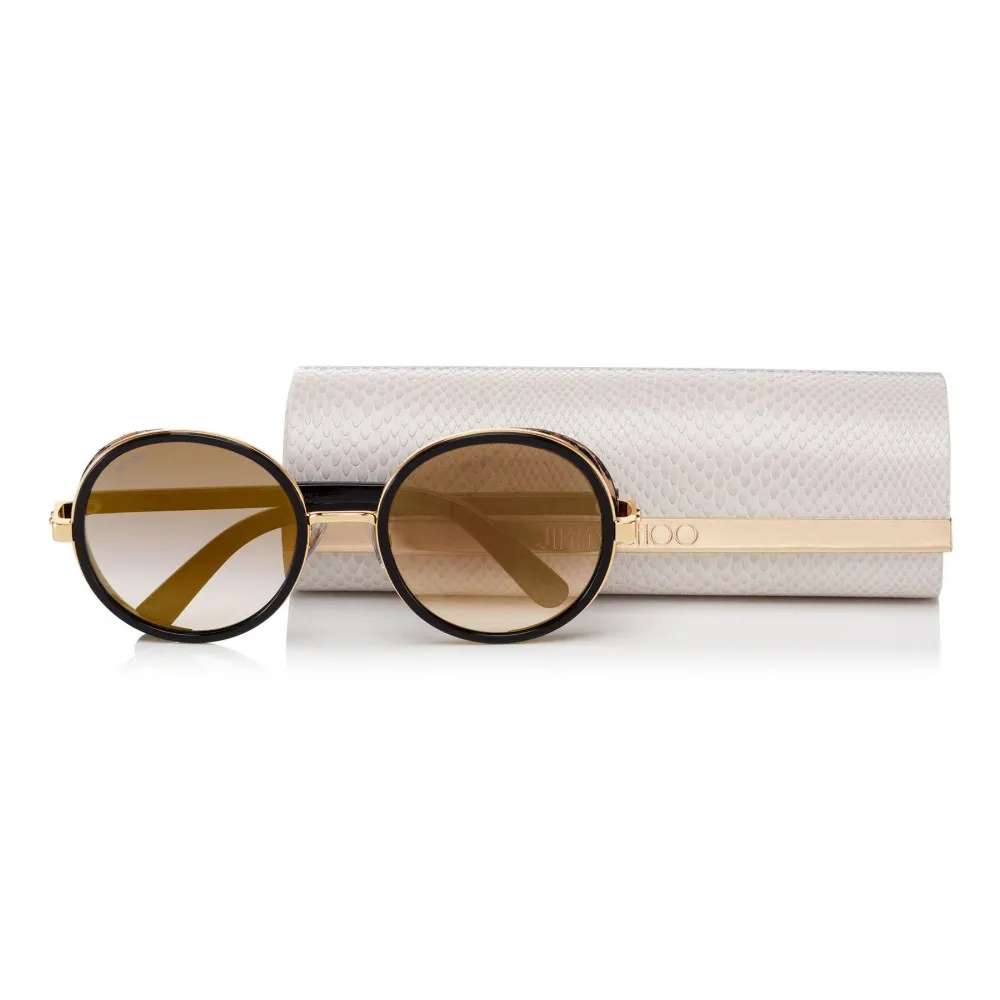 Jimmy Choo - Andie - Occhiali da Sole Rotondi in Acetato Nero con Dettagli in Pelle di Cavallino Leopardato - Jimmy Choo Eyewear