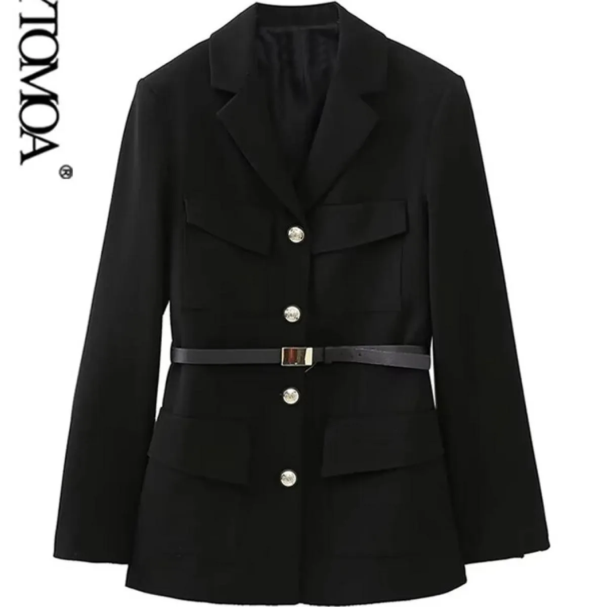 Kpytomoa Moda Donna Con Cintura Frontale Bottoni Dorati Giacca Cappotto Vintage Manica Lunga Tasche Applicate Capispalla Donna C