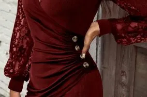 Miniabito elegante con maniche in pizzo, 18168, bordeaux
