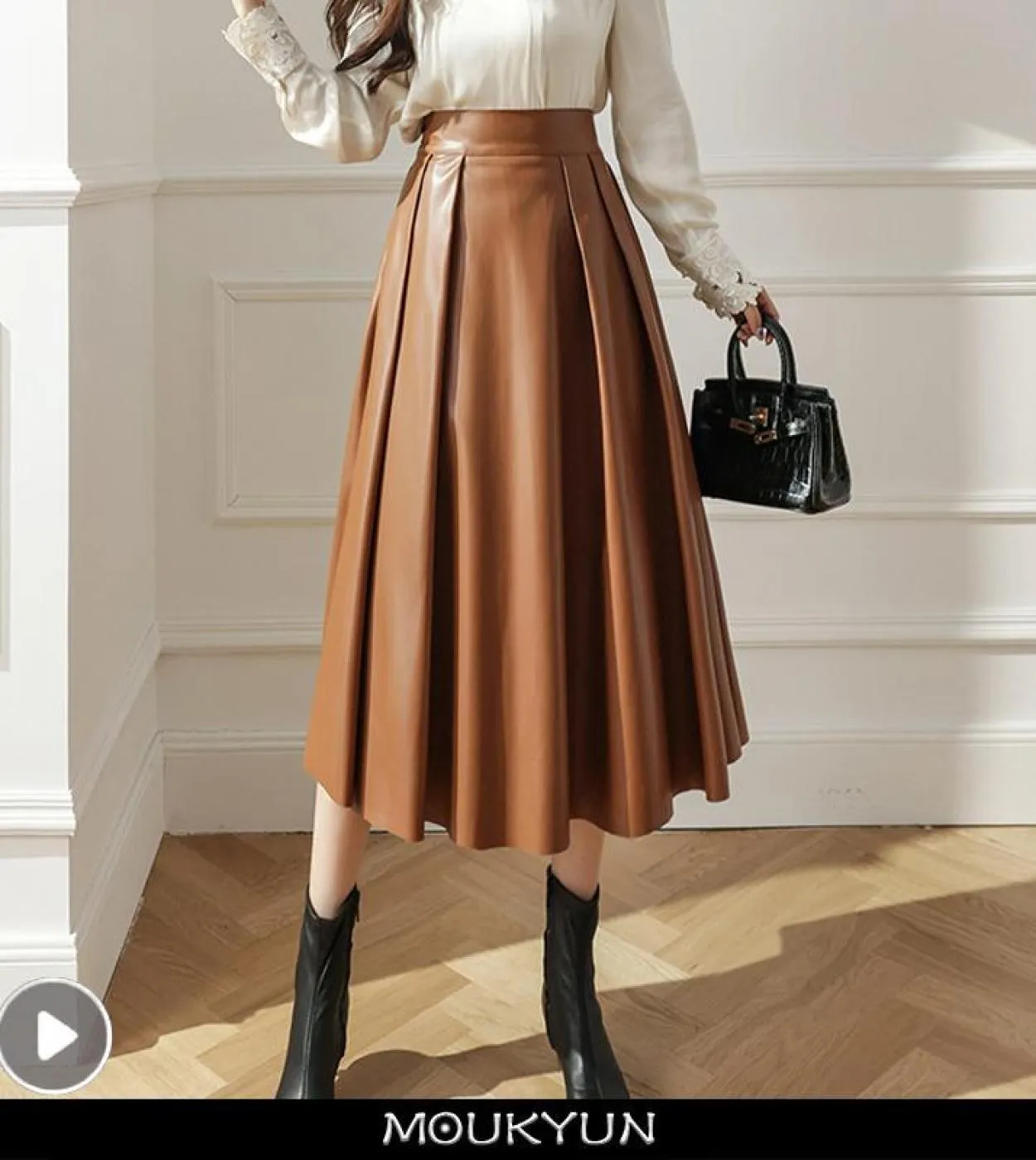 Moukyun Pu Gonne longuette in ecopelle Autunno Inverno Gonna ombrello da donna Preppy Vita alta Pieghettato Una linea Gonne Donn