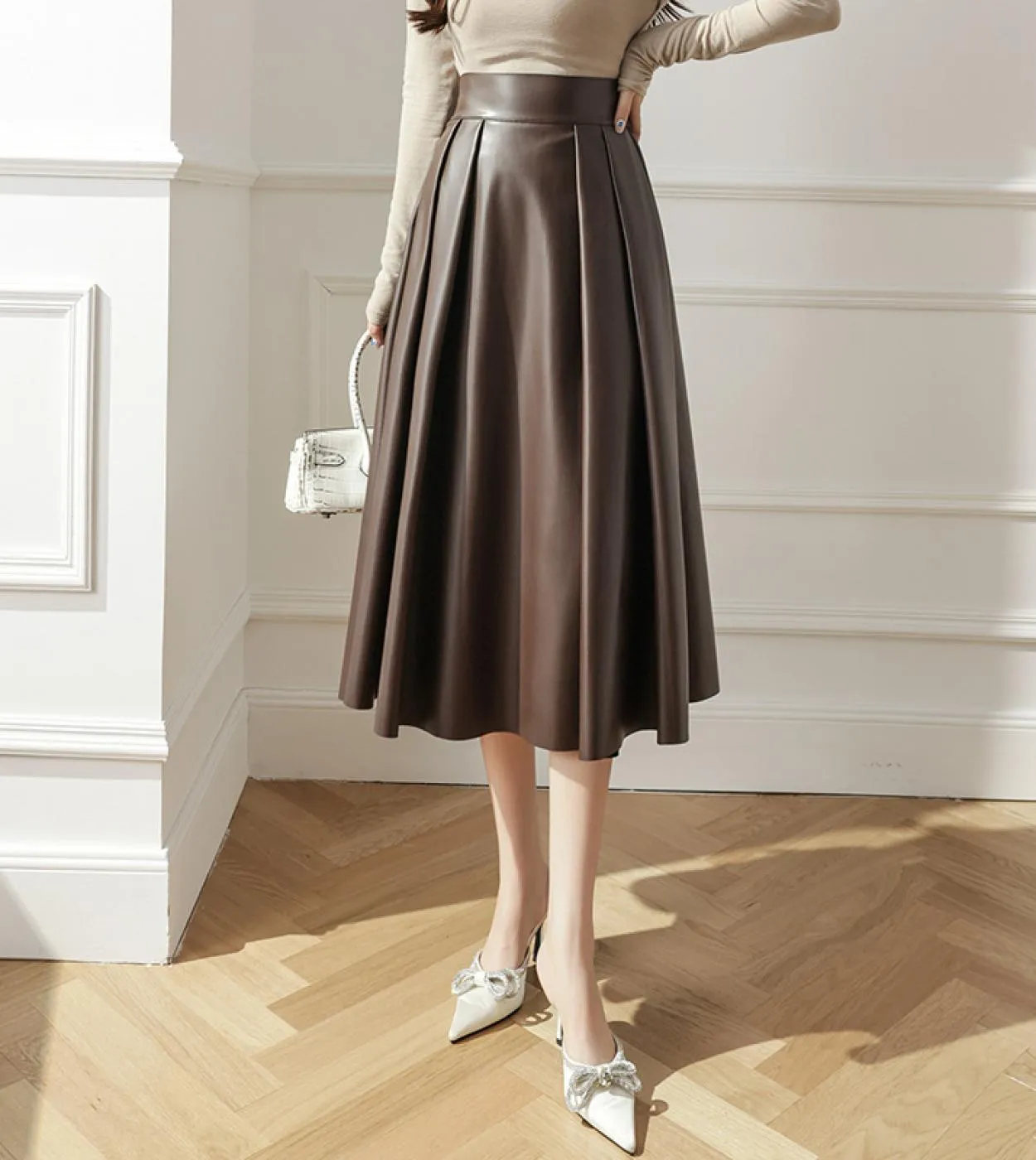 Moukyun Pu Gonne longuette in ecopelle Autunno Inverno Gonna ombrello da donna Preppy Vita alta Pieghettato Una linea Gonne Donn