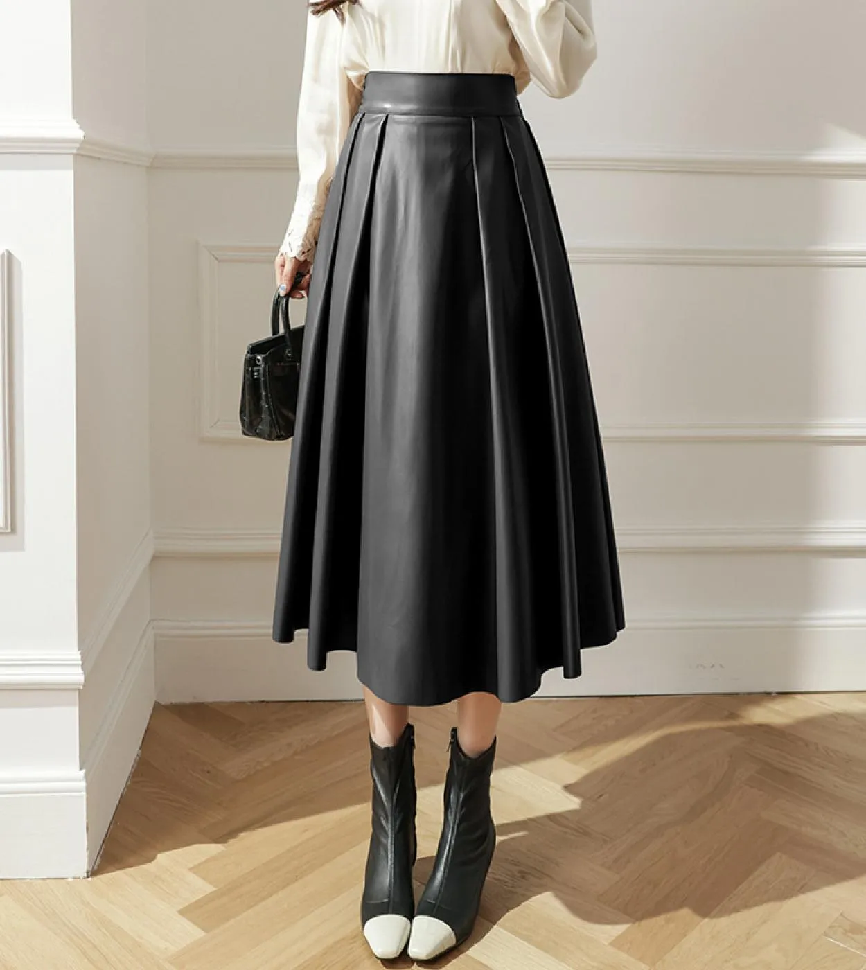 Moukyun Pu Gonne longuette in ecopelle Autunno Inverno Gonna ombrello da donna Preppy Vita alta Pieghettato Una linea Gonne Donn