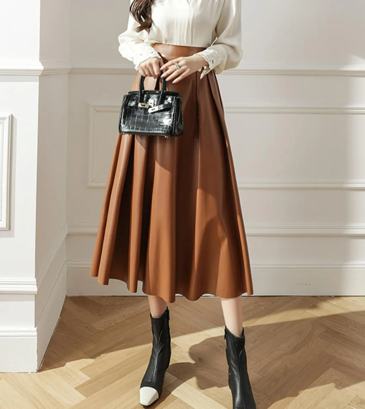 Moukyun Pu Gonne longuette in ecopelle Autunno Inverno Gonna ombrello da donna Preppy Vita alta Pieghettato Una linea Gonne Donn