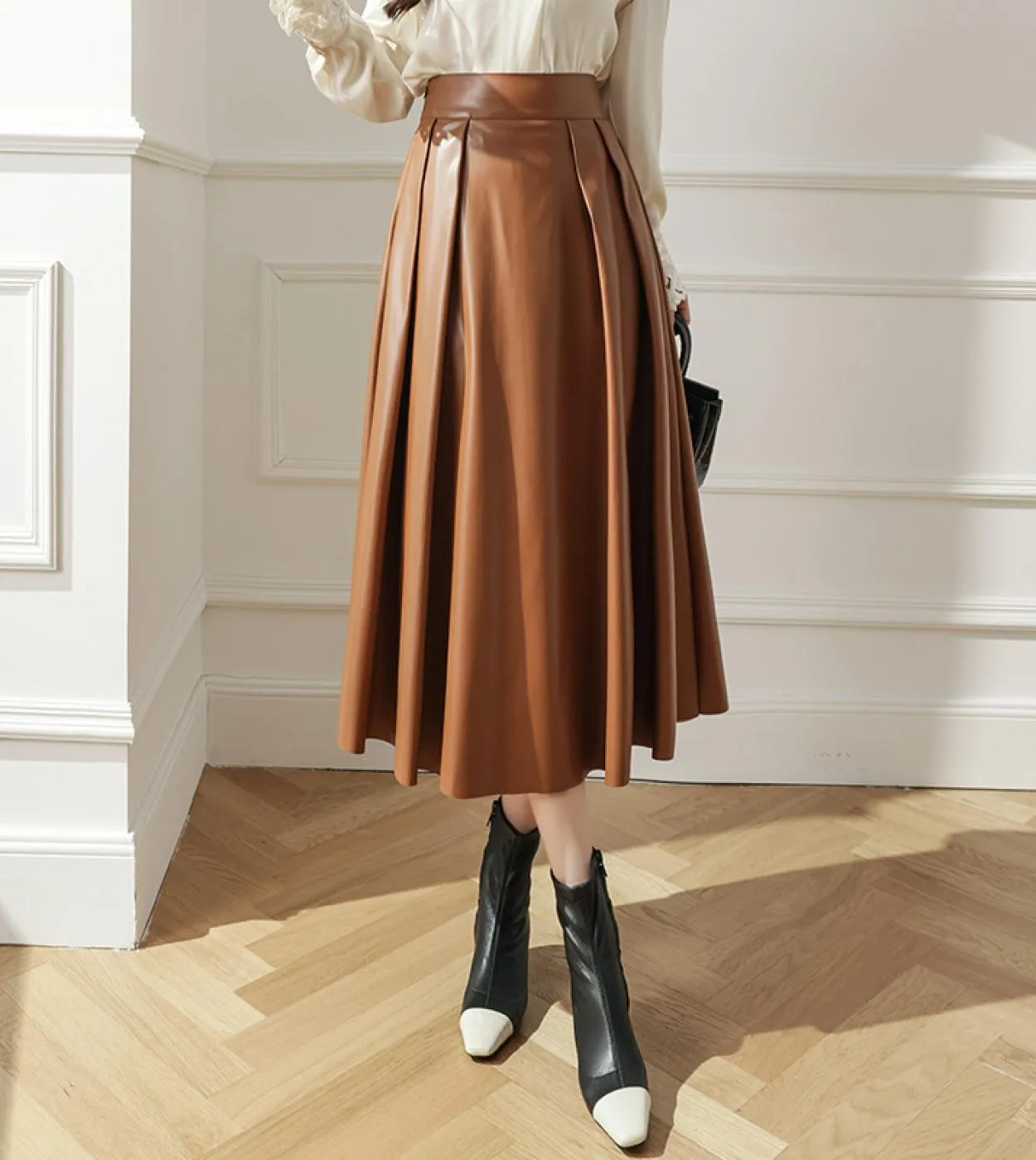 Moukyun Pu Gonne longuette in ecopelle Autunno Inverno Gonna ombrello da donna Preppy Vita alta Pieghettato Una linea Gonne Donn