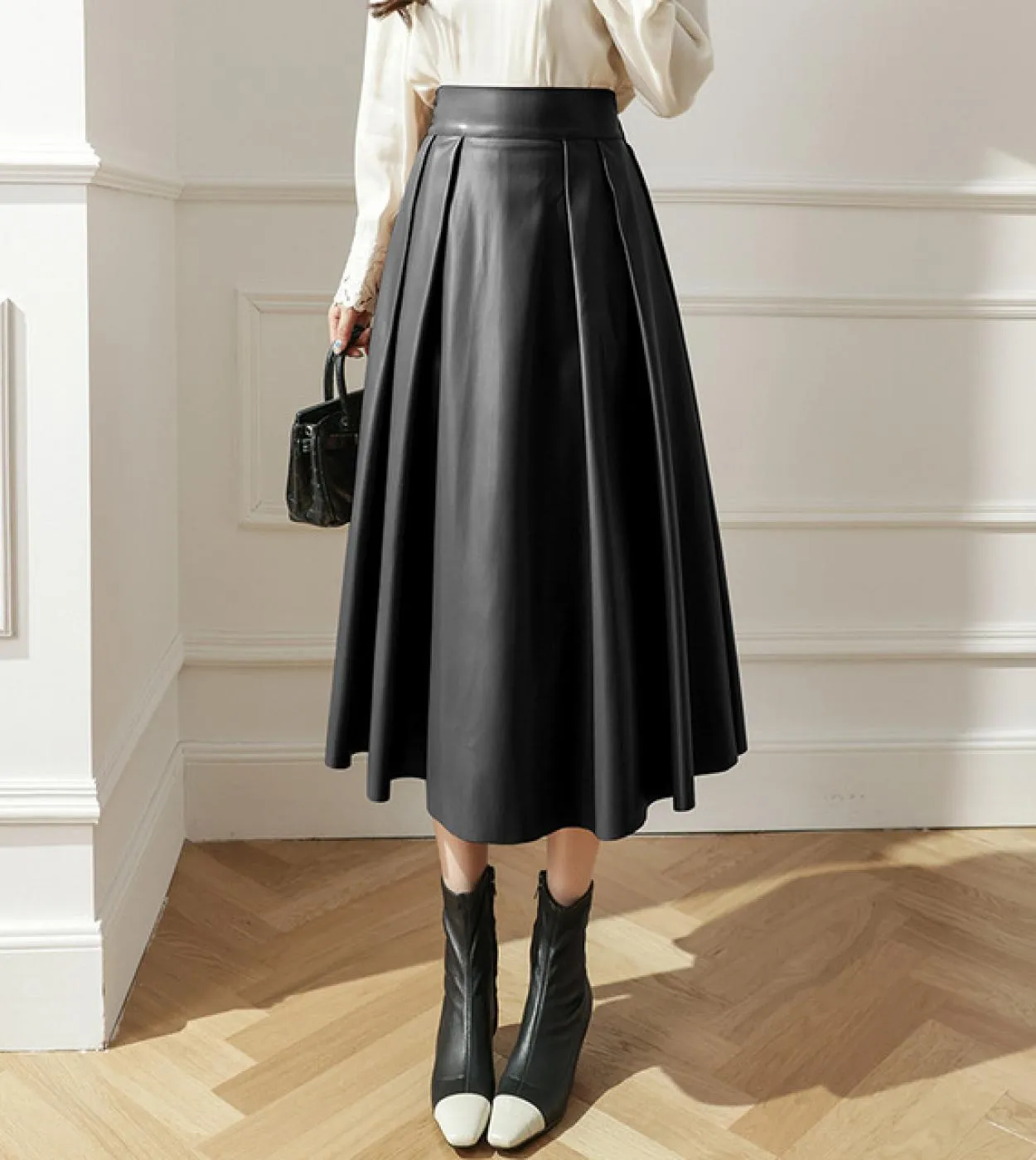 Moukyun Pu Gonne longuette in ecopelle Autunno Inverno Gonna ombrello da donna Preppy Vita alta Pieghettato Una linea Gonne Donn