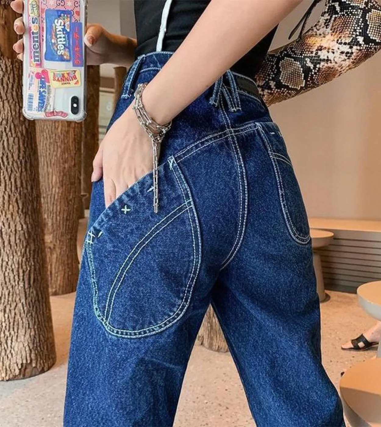 Nuovo arrivo autunno donna allentato casual grande tasca pantaloni alla caviglia pantaloni con bottoni in vita in cotone denim p