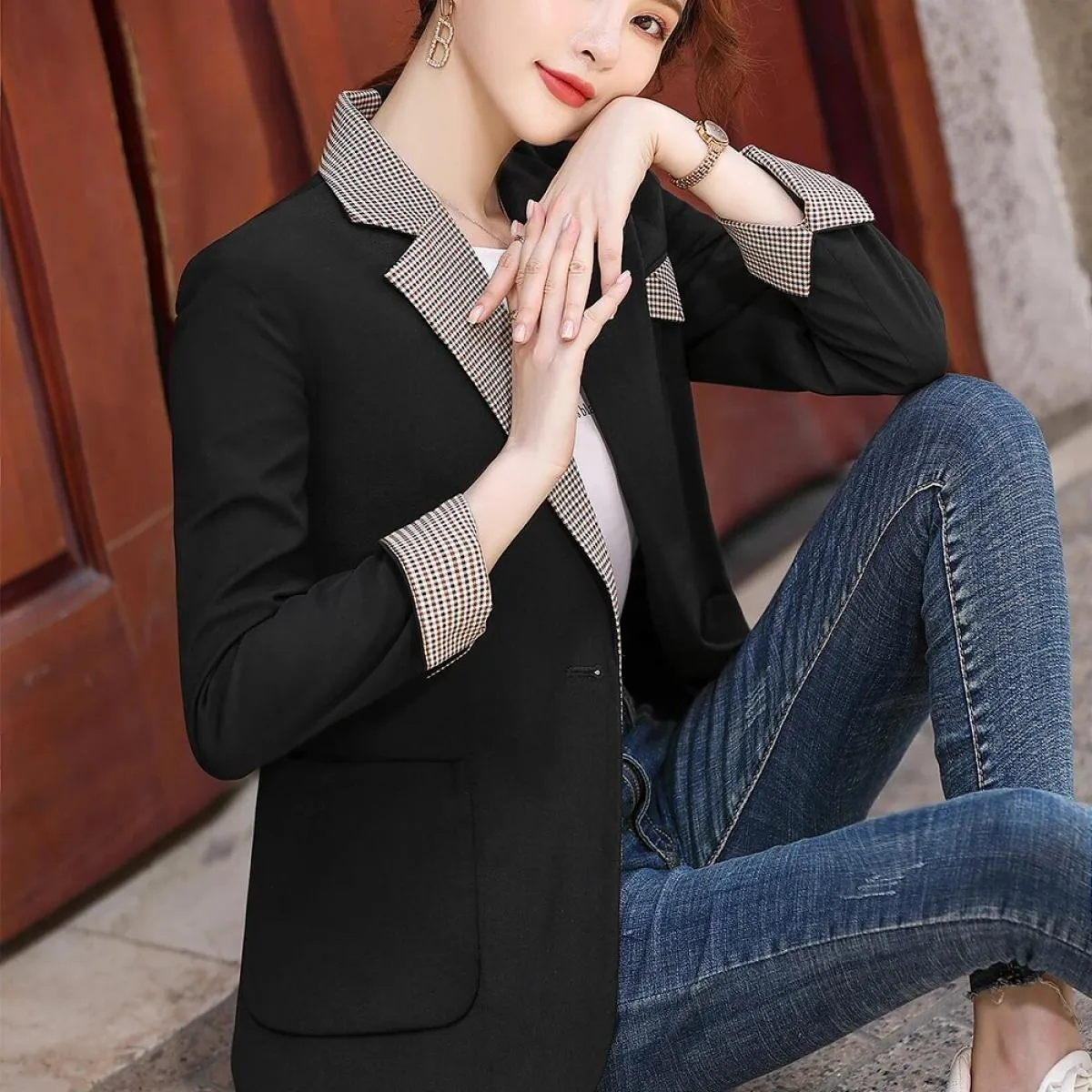 Nuovo arrivo moda blazer donna nero kaki manica lunga temperamento sottile giacca cappotto da donna con tasche blazer
