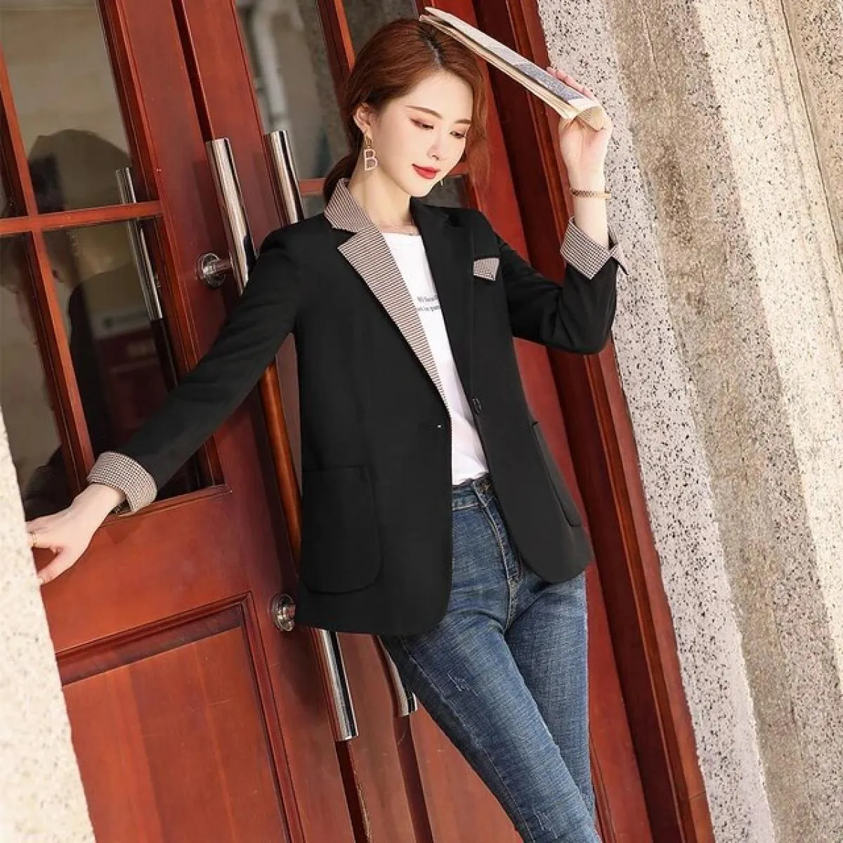 Nuovo arrivo moda blazer donna nero kaki manica lunga temperamento sottile giacca cappotto da donna con tasche blazer
