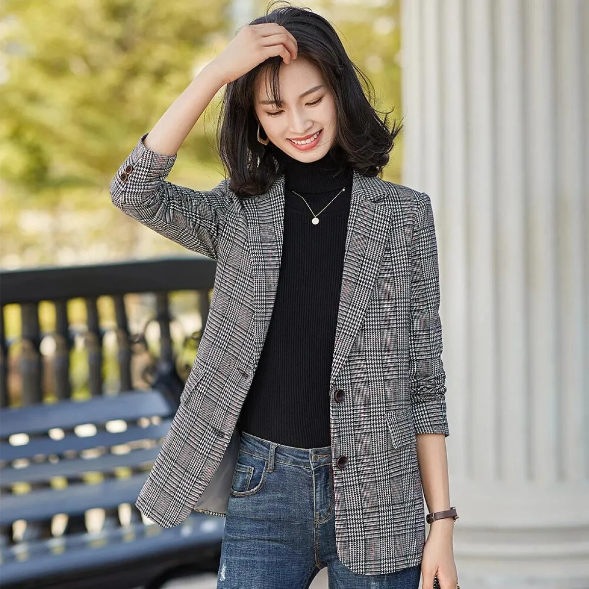 Nuovo blazer da donna scozzese grigio giallo Donna Primavera Autunno Cappotto moda Ragazza Design Ultimi blazer da giacca