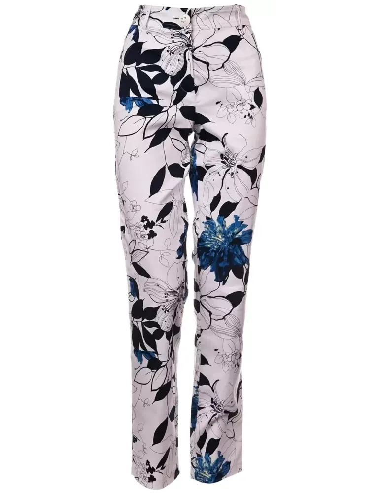 Pantaloni 5 tasche cotone a fiori bianco e blu Luca Giordani