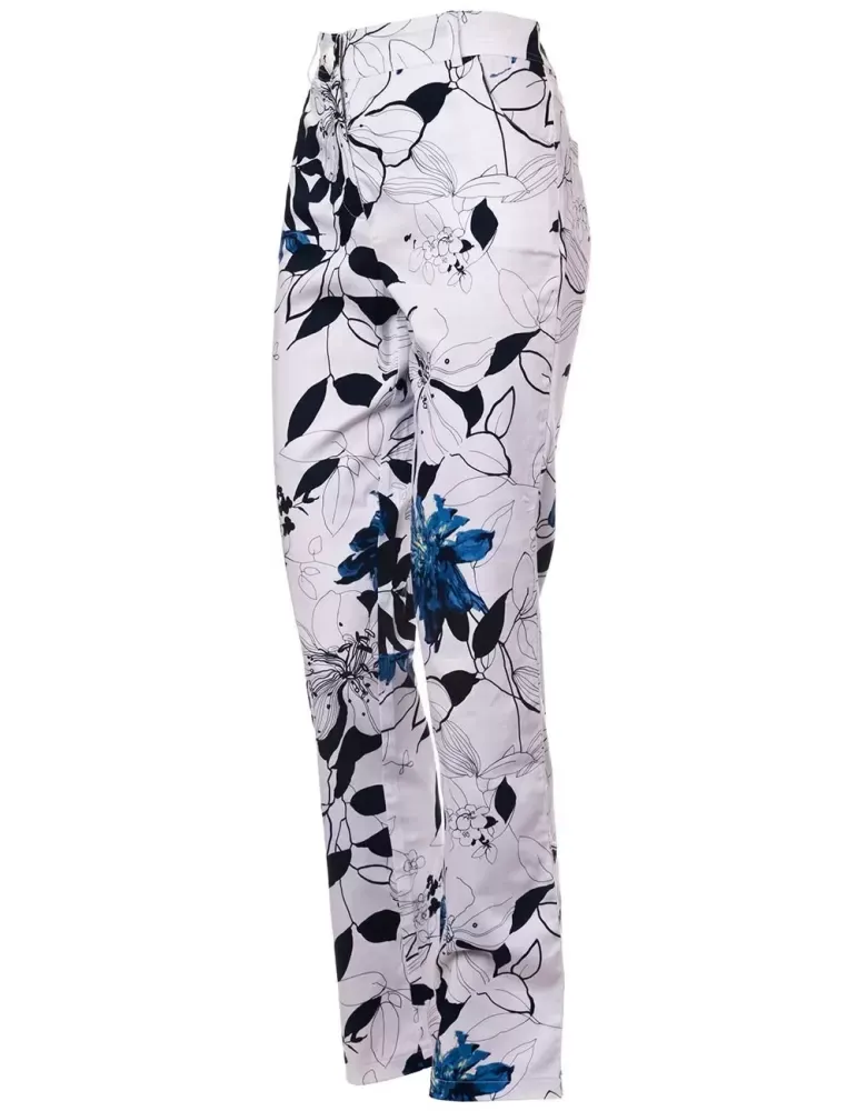 Pantaloni 5 tasche cotone a fiori bianco e blu Luca Giordani