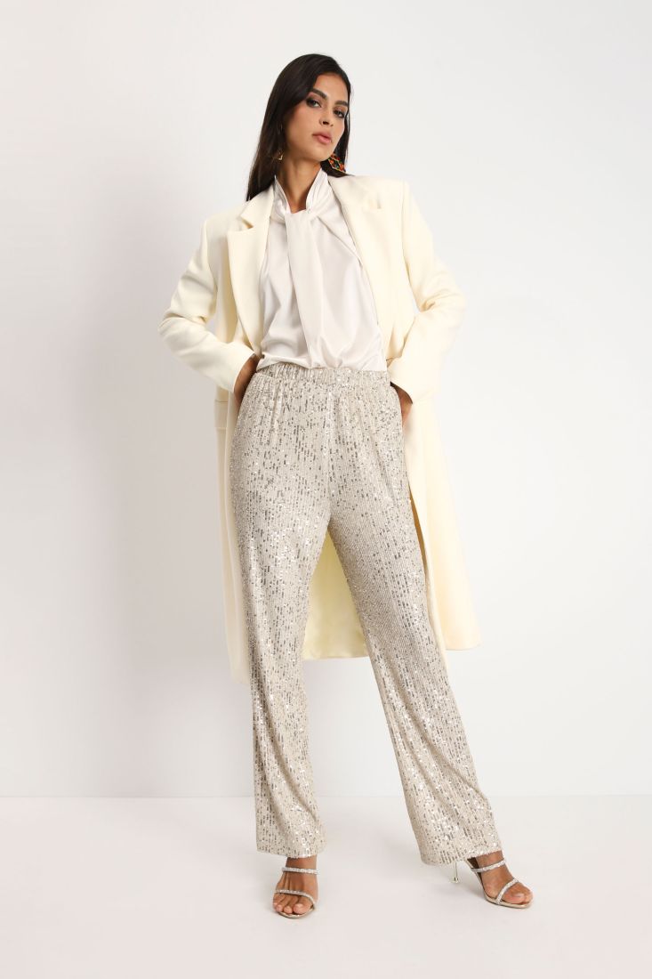Pantaloni a palazzo in paillettes con vita elasticizzata