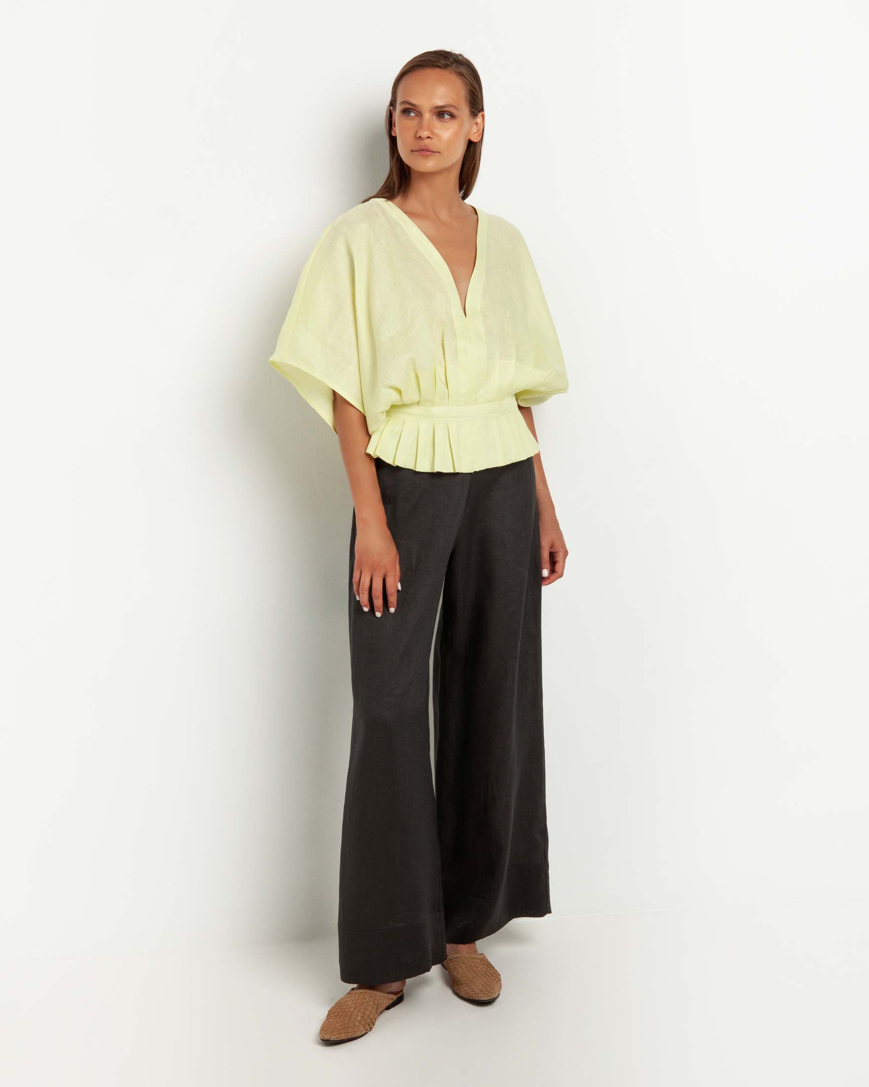 Pantaloni palazzo grigio piombo in lino con elastico in vita