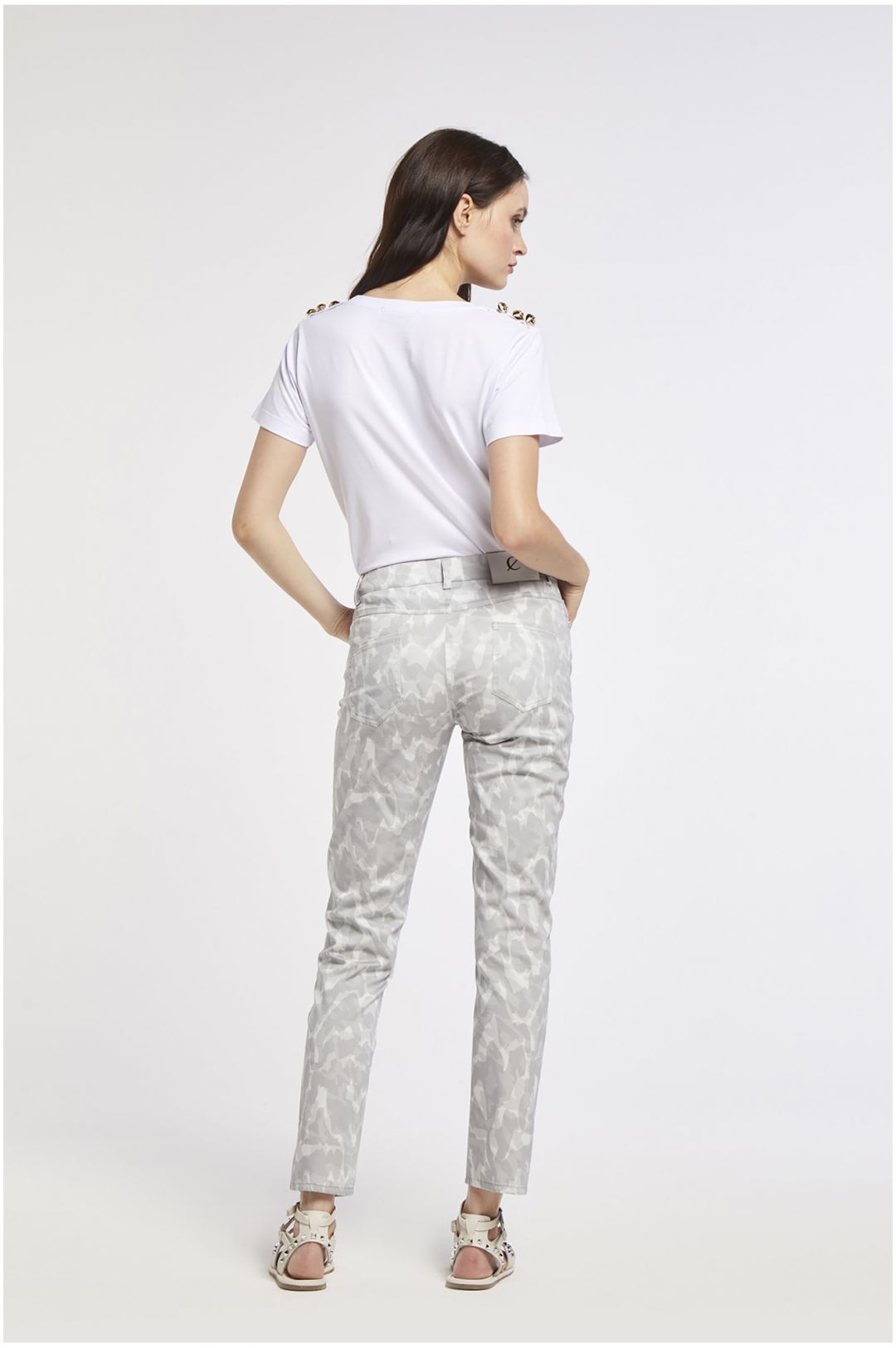 pantaloni slim stampati in tessuto di cotone elasticizzato camouflage multigrigio