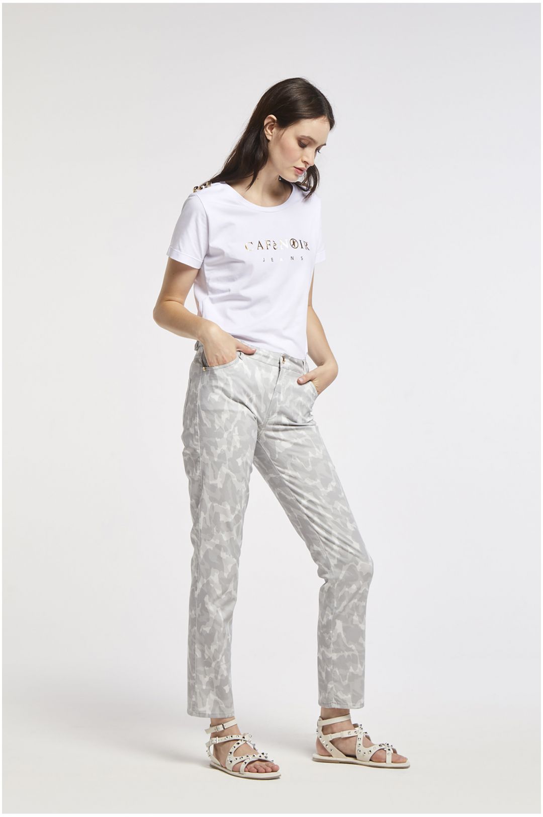 pantaloni slim stampati in tessuto di cotone elasticizzato camouflage multigrigio