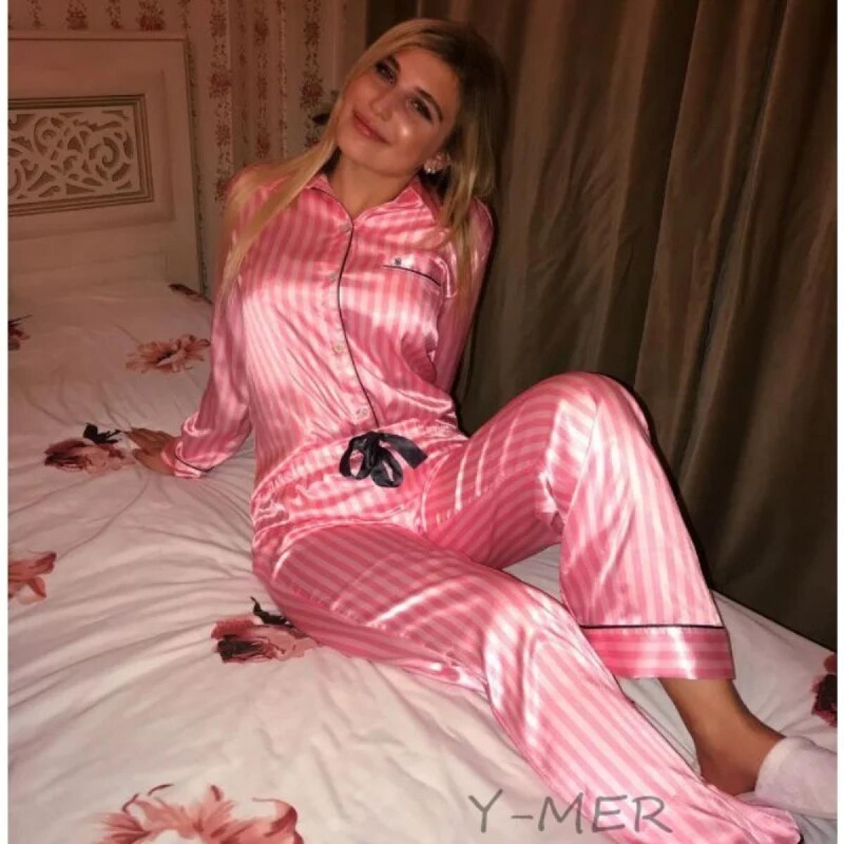Pigiama 2 pezzi a righe rosa Set da notte da donna Camicia e pantaloni Pigiama in raso di seta Abbigliamento da salotto Abito da