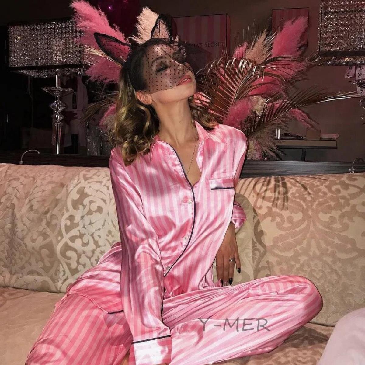 Pigiama 2 pezzi a righe rosa Set da notte da donna Camicia e pantaloni Pigiama in raso di seta Abbigliamento da salotto Abito da