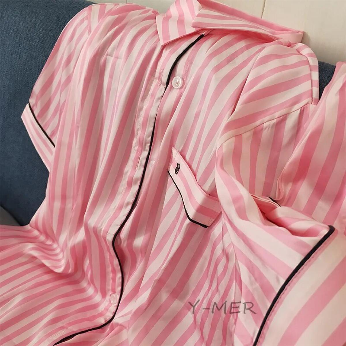 Pigiama 2 pezzi a righe rosa Set da notte da donna Camicia e pantaloni Pigiama in raso di seta Abbigliamento da salotto Abito da