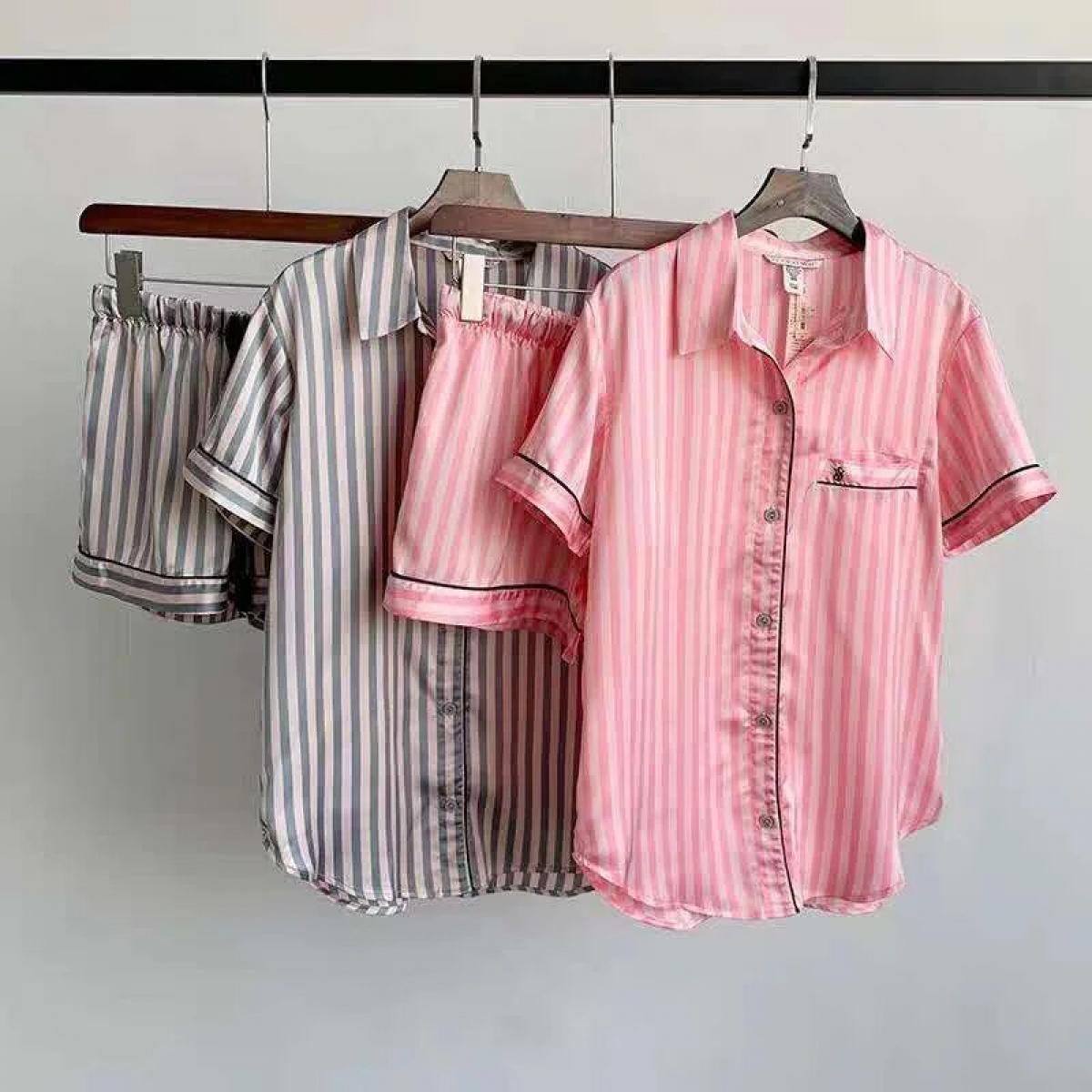 Pigiama 2 pezzi a righe rosa Set da notte da donna Camicia e pantaloni Pigiama in raso di seta Abbigliamento da salotto Abito da