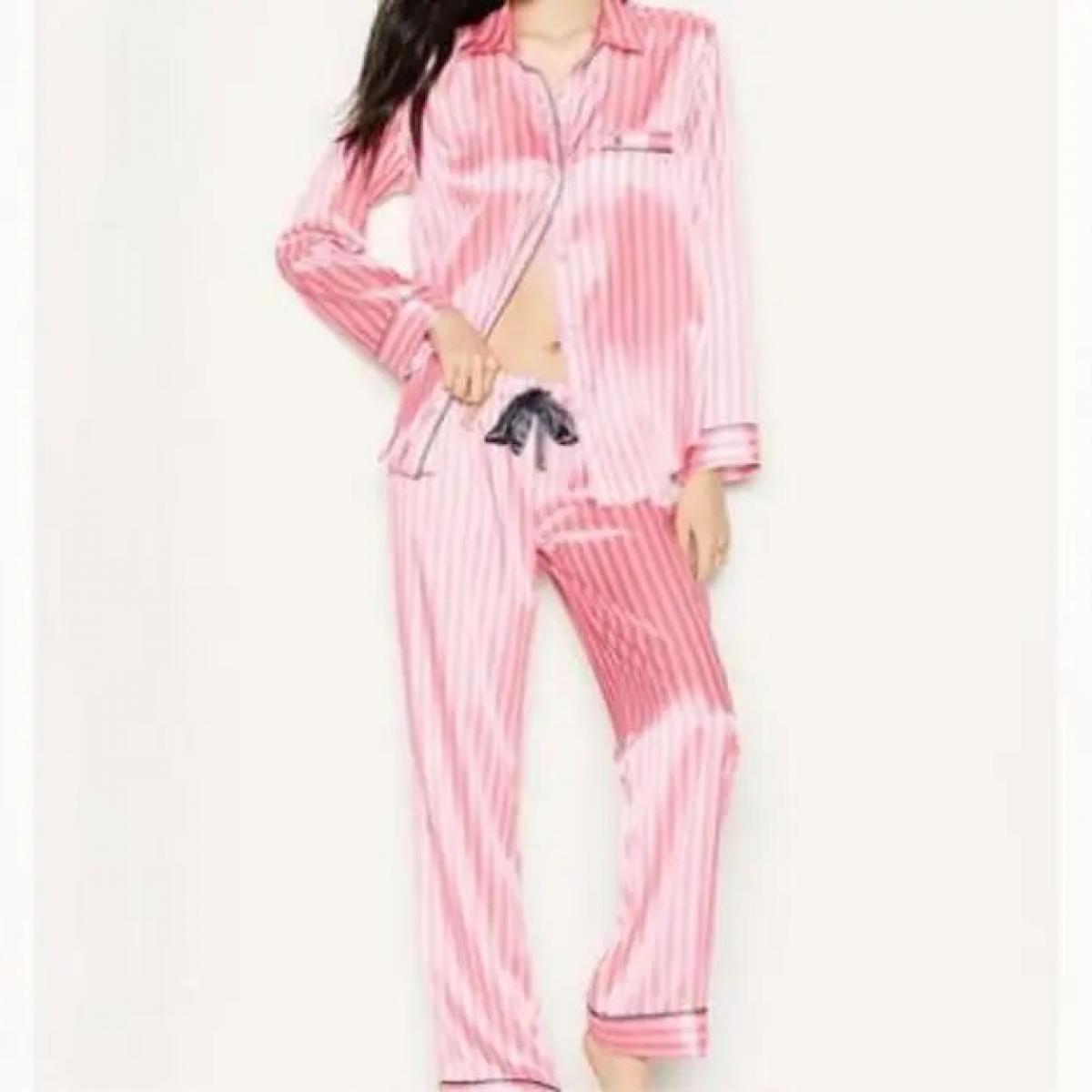 Pigiama 2 pezzi a righe rosa Set da notte da donna Camicia e pantaloni Pigiama in raso di seta Abbigliamento da salotto Abito da