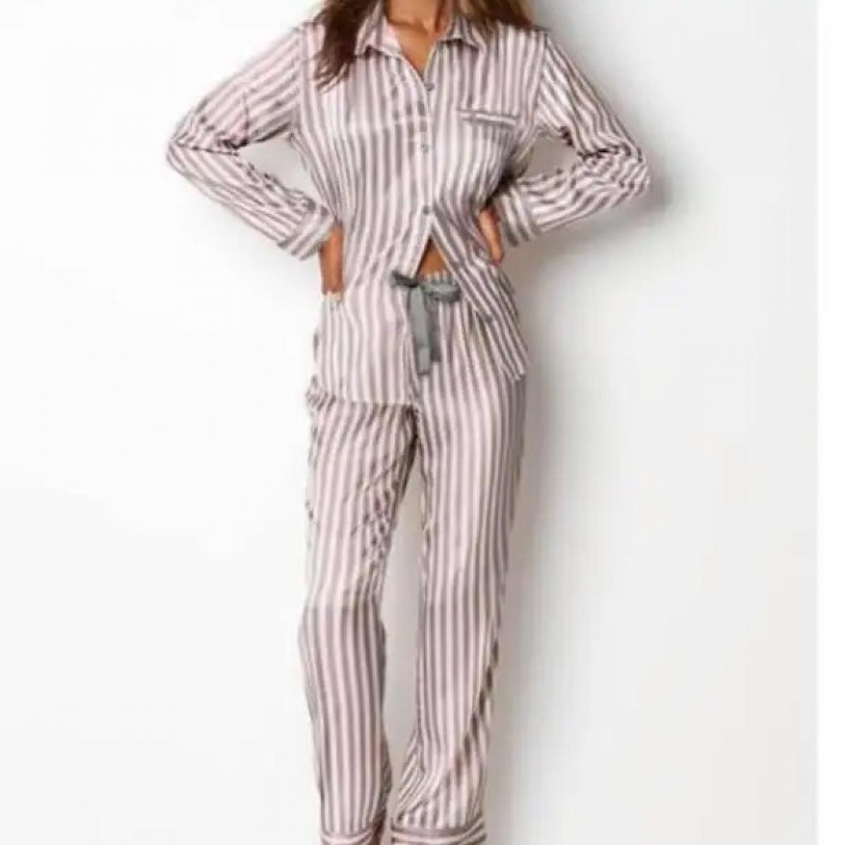 Pigiama 2 pezzi a righe rosa Set da notte da donna Camicia e pantaloni Pigiama in raso di seta Abbigliamento da salotto Abito da
