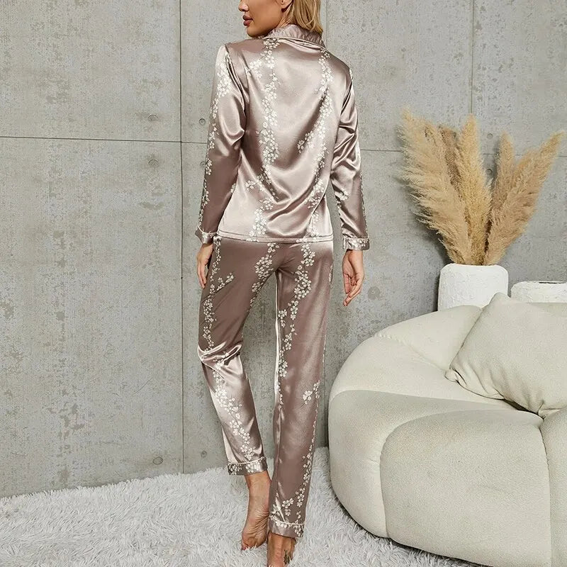 Pigiama Donna Abbigliamento Camera Casa Scollo V Manica Lunga Motivo Floreale Chiusura Bottoni