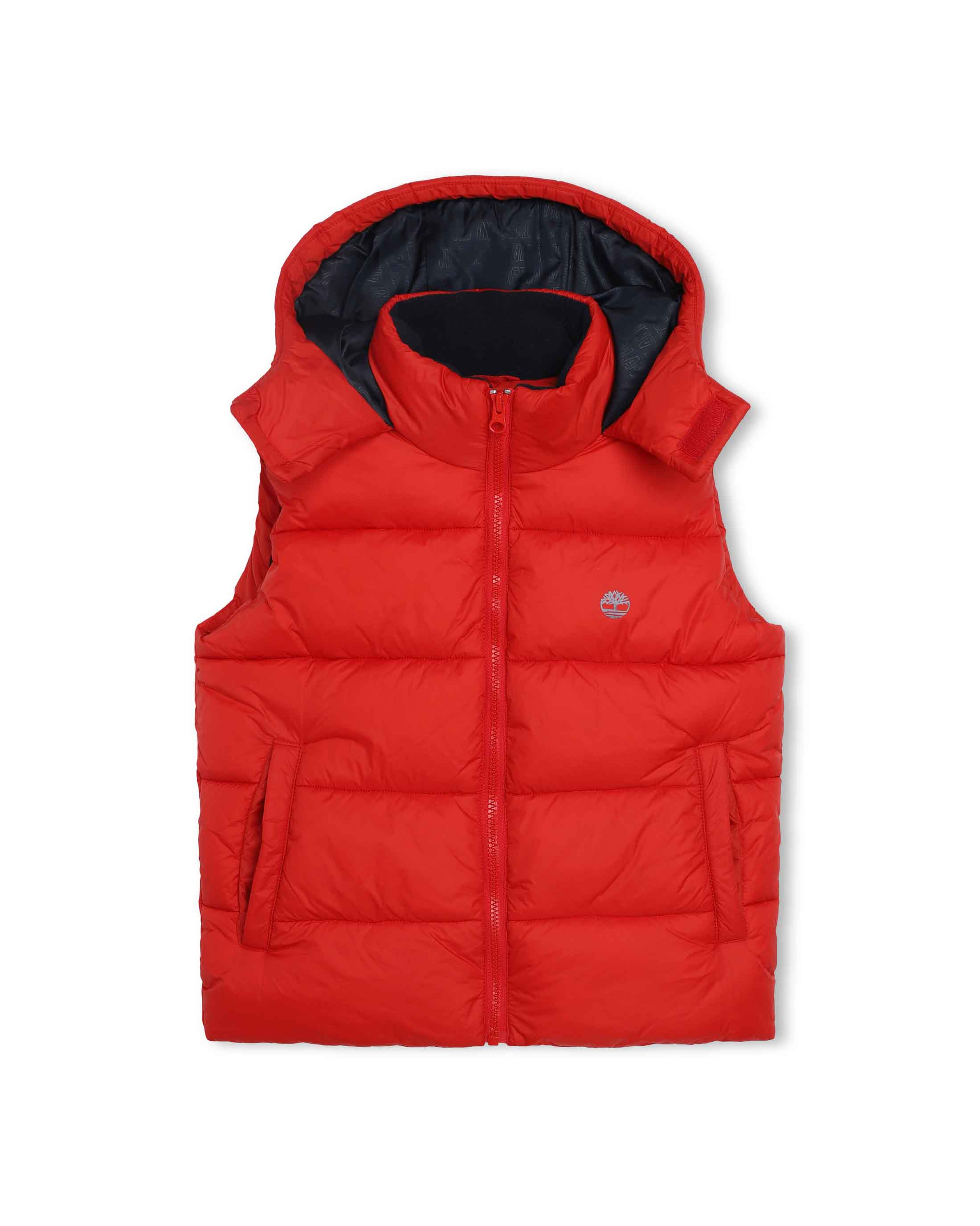 Piumino gilet rosso con collo alto e cappuccio fisso 6-8 anni