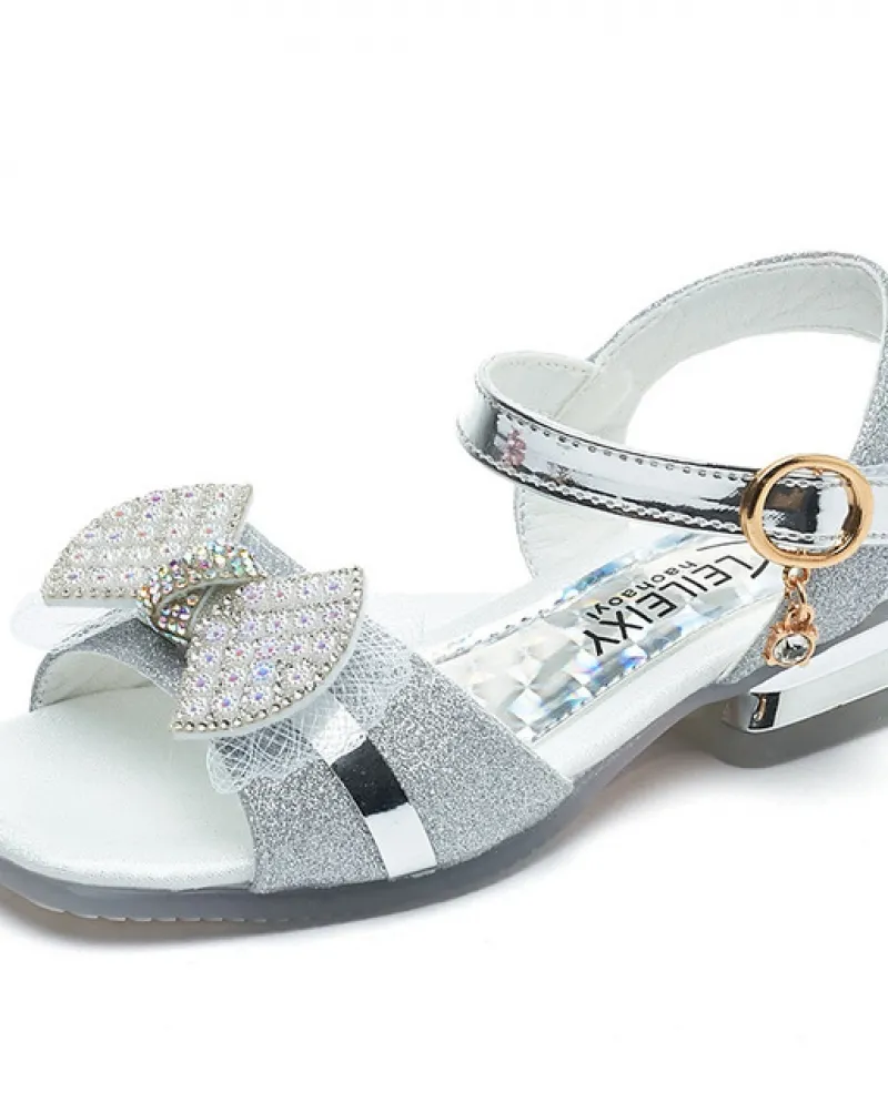 Sandali argento lucidi per bambini per la festa di nozze Passerella Sweet Princess Bow
