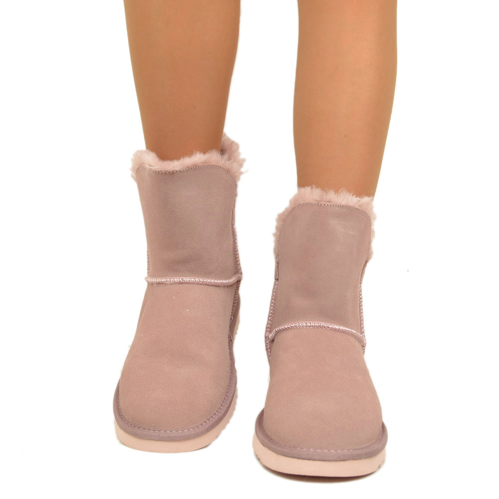 Stivaletti Donna Caldi con Pelo in Pelle Rosa