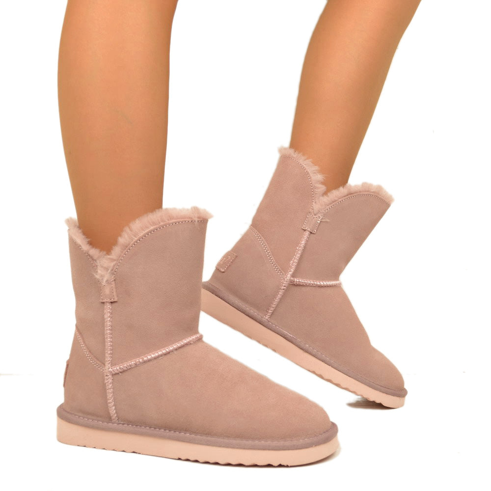 Stivaletti Donna Caldi con Pelo in Pelle Rosa